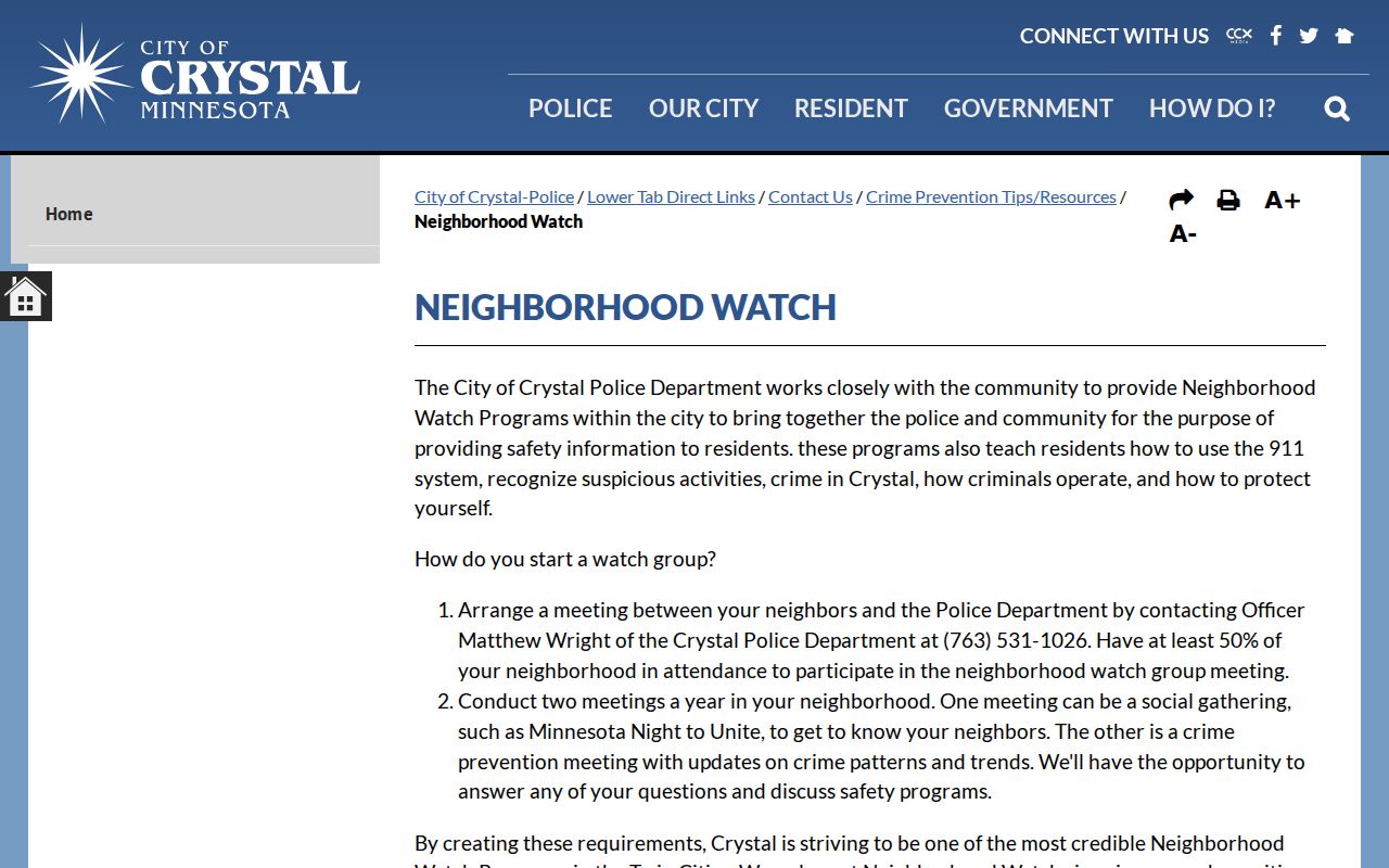 Crystal neighbors Neighborhood Watch public program information
