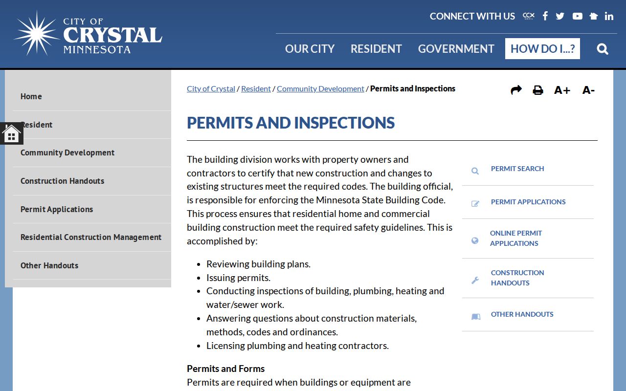 Crystal street directory permits and inspections page