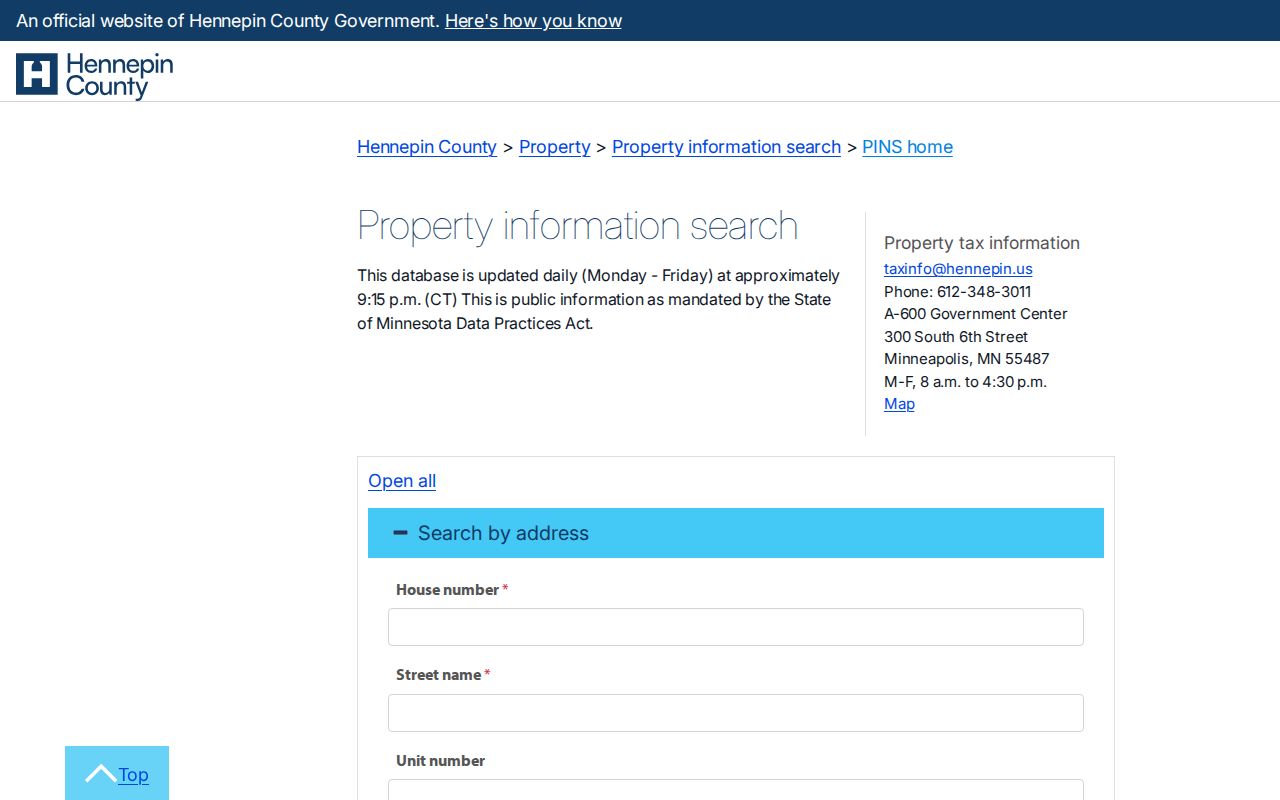 Crystal residents directory Hennepin PINS address-search controls