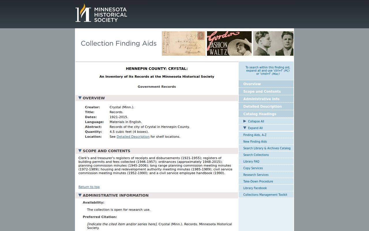 Crystal city directory archive finding aid for City of Crystal records